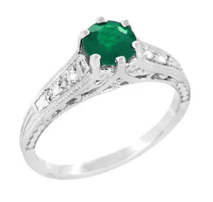 Art Deco Emerald and Diamond Filigree Engagement Ring in Platinum