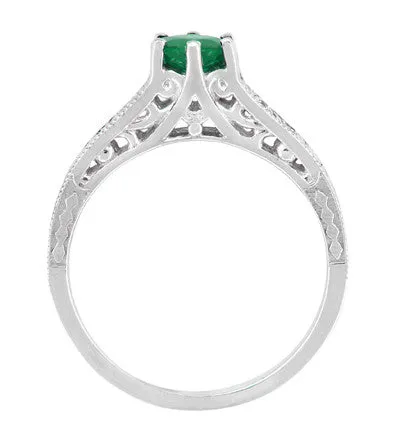 Art Deco Emerald and Diamond Filigree Engagement Ring in Platinum