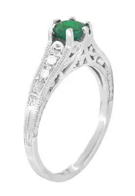Art Deco Emerald and Diamond Filigree Engagement Ring in Platinum
