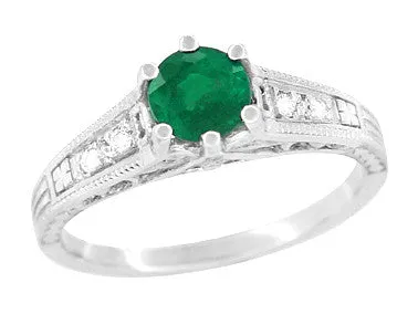 Art Deco Emerald and Diamond Filigree Engagement Ring in Platinum