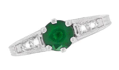Art Deco Emerald and Diamond Filigree Engagement Ring in Platinum