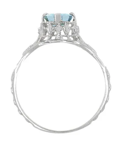 Art Deco Emerald Cut Aquamarine Filigree Engagement Ring in 18 Karat White Gold