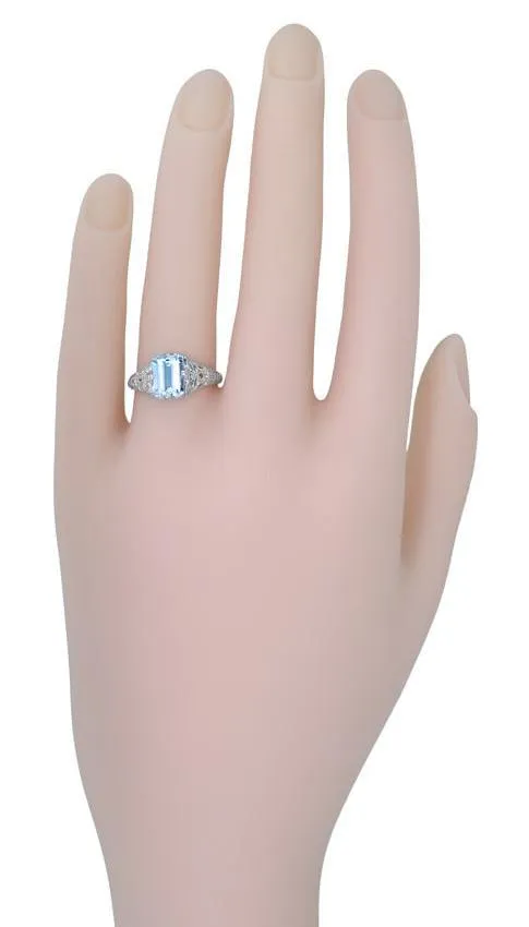 Art Deco Emerald Cut Aquamarine Filigree Engagement Ring in 18 Karat White Gold