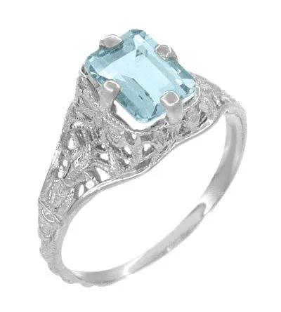 Art Deco Emerald Cut Aquamarine Filigree Engagement Ring in 18 Karat White Gold