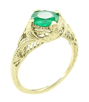 Art Deco Emerald Engraved Filigree Engagement Ring in 14 Karat Yellow Gold