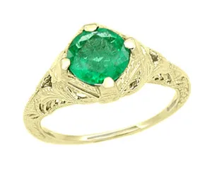 Art Deco Emerald Engraved Filigree Engagement Ring in 14 Karat Yellow Gold