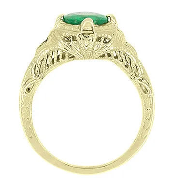 Art Deco Emerald Engraved Filigree Engagement Ring in 14 Karat Yellow Gold