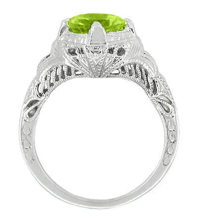 Art Deco Engraved Filigree 1.5 Carat Peridot Engagement Ring in 14 Karat White Gold