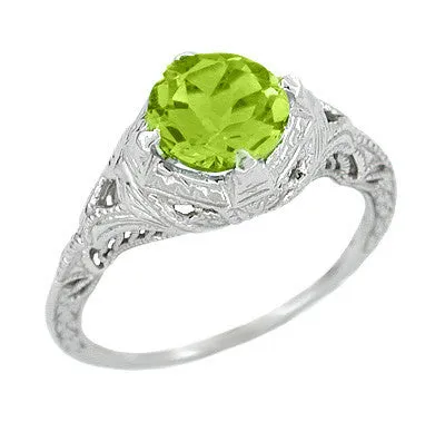 Art Deco Engraved Filigree 1.5 Carat Peridot Engagement Ring in 14 Karat White Gold