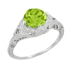 Art Deco Engraved Filigree 1.5 Carat Peridot Engagement Ring in 14 Karat White Gold