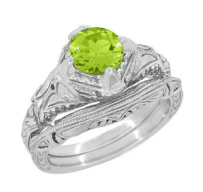 Art Deco Engraved Filigree 1.5 Carat Peridot Engagement Ring in 14 Karat White Gold