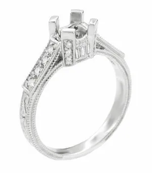 Art Deco Engraved Filigree Citadel Castle 1 Carat Diamond Engagement Ring Mounting in White Gold