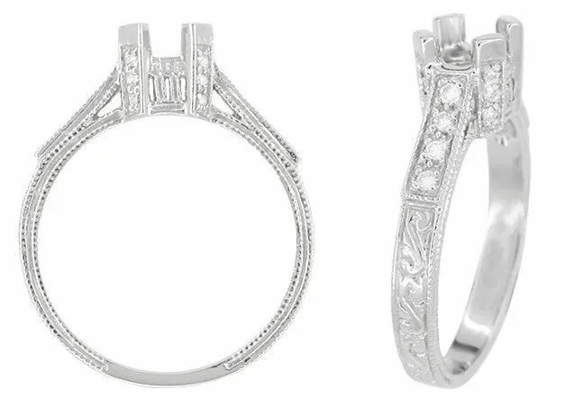 Art Deco Engraved Filigree Citadel Castle 1 Carat Diamond Engagement Ring Mounting in White Gold
