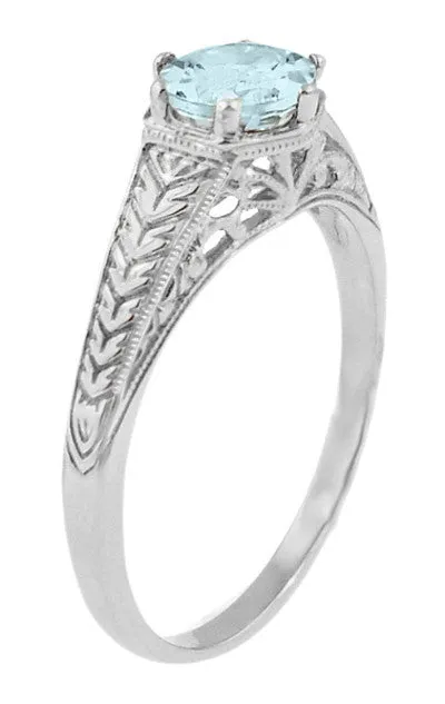 Art Deco Engraved Scrolls and Wheat Aquamarine Solitaire Engagement Ring in 18 Karat White Gold | 1920's Vintage Design