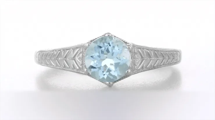 Art Deco Engraved Scrolls and Wheat Aquamarine Solitaire Engagement Ring in 18 Karat White Gold | 1920's Vintage Design
