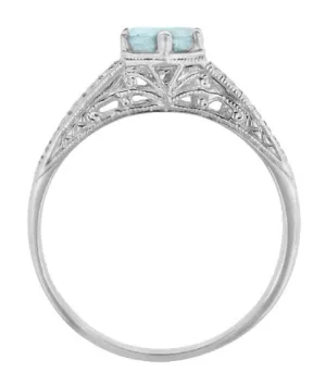 Art Deco Engraved Scrolls and Wheat Aquamarine Solitaire Engagement Ring in 18 Karat White Gold | 1920's Vintage Design