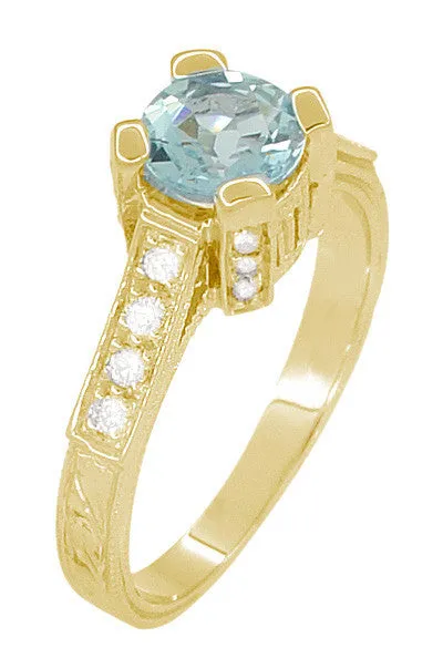 Art Deco Engraved Yellow Gold Filigree Castle 1 Carat Aquamarine Engagement Ring with Side Diamonds