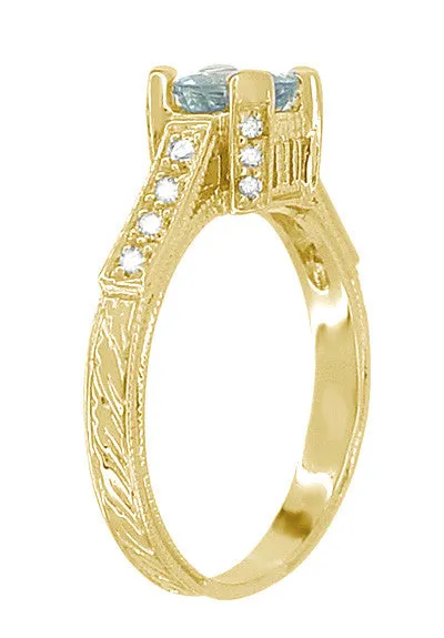 Art Deco Engraved Yellow Gold Filigree Castle 1 Carat Aquamarine Engagement Ring with Side Diamonds