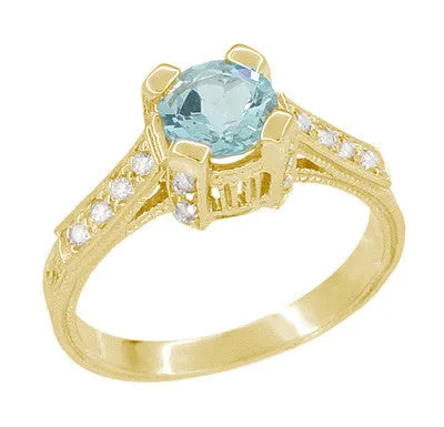 Art Deco Engraved Yellow Gold Filigree Castle 1 Carat Aquamarine Engagement Ring with Side Diamonds