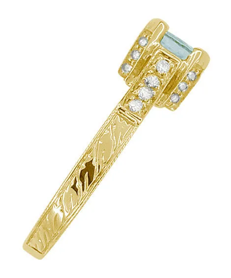 Art Deco Engraved Yellow Gold Filigree Castle 1 Carat Aquamarine Engagement Ring with Side Diamonds