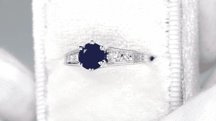 Art Deco Filigree Blue Sapphire Engagement Ring in 14 Karat White Gold with Diamond Side Stones