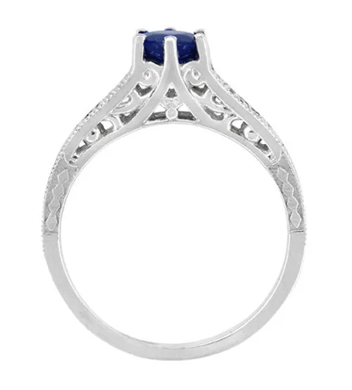 Art Deco Filigree Blue Sapphire Engagement Ring in 14 Karat White Gold with Diamond Side Stones
