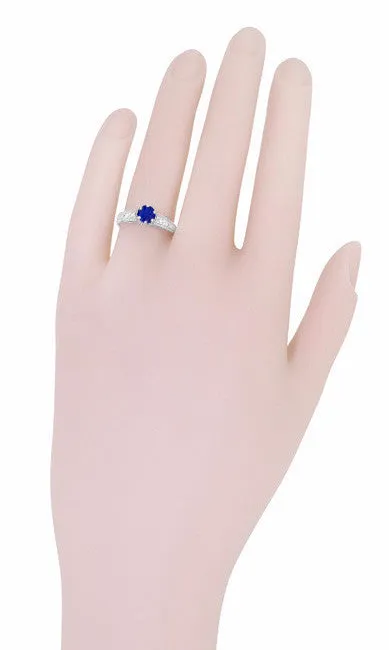 Art Deco Filigree Blue Sapphire Engagement Ring in 14 Karat White Gold with Diamond Side Stones