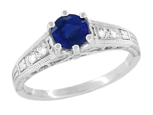 Art Deco Filigree Blue Sapphire Engagement Ring in 14 Karat White Gold with Diamond Side Stones