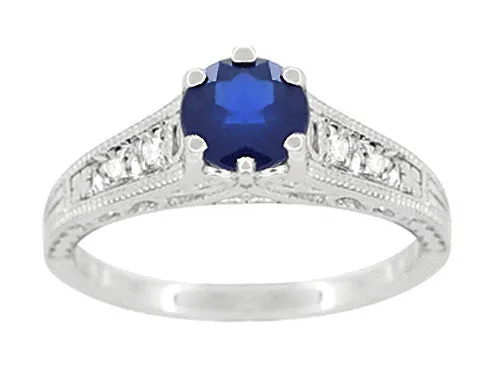 Art Deco Filigree Blue Sapphire Engagement Ring in 14 Karat White Gold with Diamond Side Stones