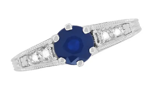 Art Deco Filigree Blue Sapphire Engagement Ring in 14 Karat White Gold with Diamond Side Stones