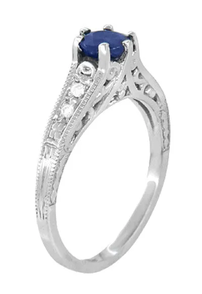Art Deco Filigree Blue Sapphire Engagement Ring in 14 Karat White Gold with Diamond Side Stones