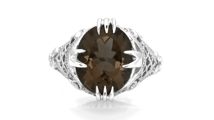 Art Deco Filigree Claw Prong Statement Ring - 4.30 Carat Oval Smoky Quartz Ring in Sterling Silver