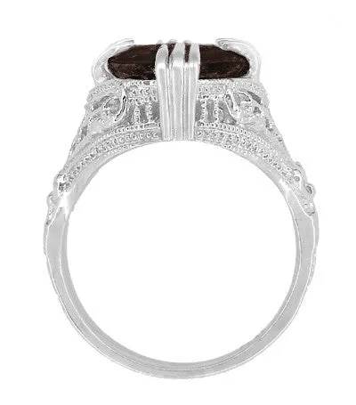 Art Deco Filigree Claw Prong Statement Ring - 4.30 Carat Oval Smoky Quartz Ring in Sterling Silver