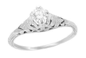Art Deco Filigree Flowers and Engraved Wheat 1/3 Carat Solitaire Diamond Engagement Ring in White Gold