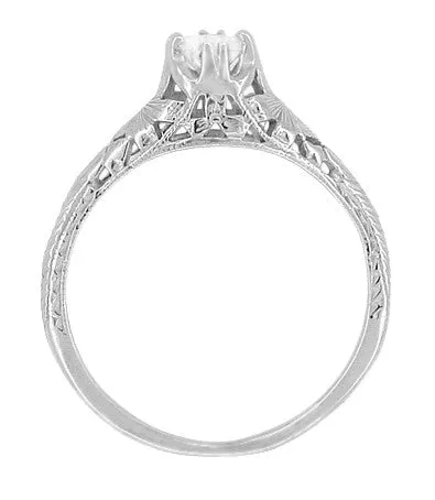 Art Deco Filigree Flowers and Engraved Wheat 1/3 Carat Solitaire Diamond Engagement Ring in White Gold