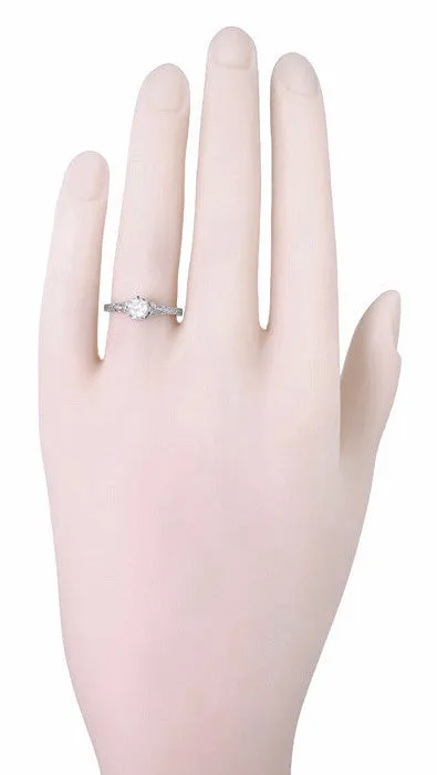 Art Deco Filigree Flowers and Wheat Engraved 1/2 Carat Diamond Engagement Ring in 18 Karat White Gold