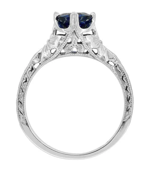 Art Deco Filigree Flowers and Wheat Engraved Sapphire Engagement Ring in 18 Karat White Gold