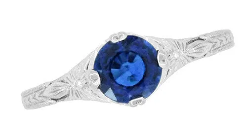Art Deco Filigree Flowers and Wheat Engraved Sapphire Engagement Ring in 18 Karat White Gold