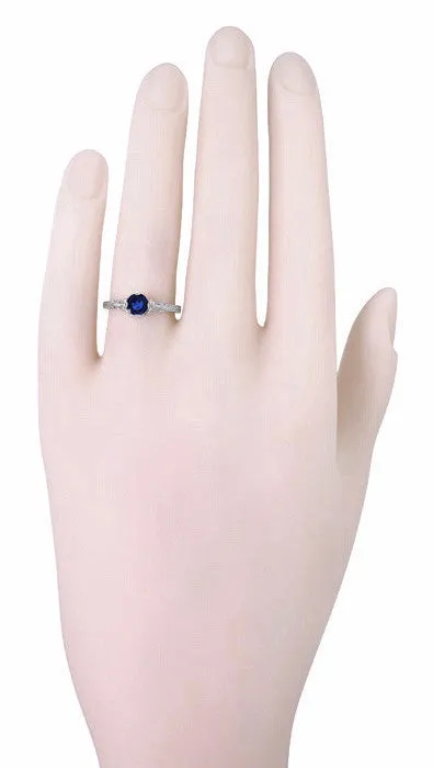 Art Deco Filigree Flowers and Wheat Engraved Sapphire Engagement Ring in 18 Karat White Gold
