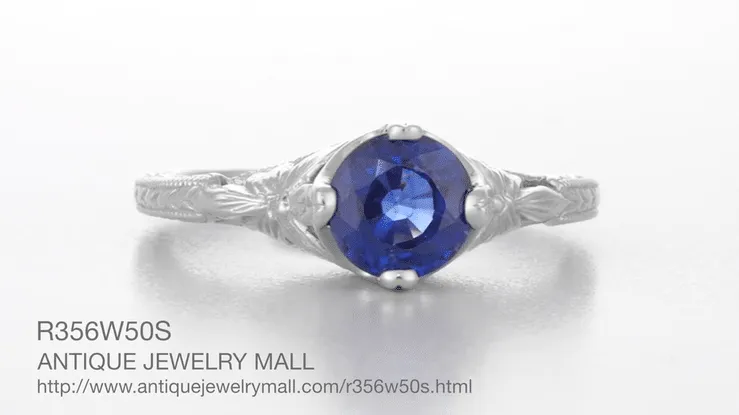 Art Deco Filigree Flowers and Wheat Engraved Sapphire Engagement Ring in 18 Karat White Gold