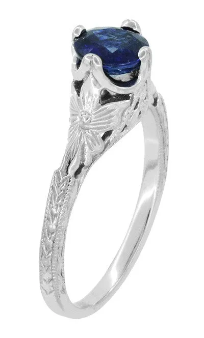 Art Deco Filigree Flowers and Wheat Engraved Sapphire Engagement Ring in 18 Karat White Gold