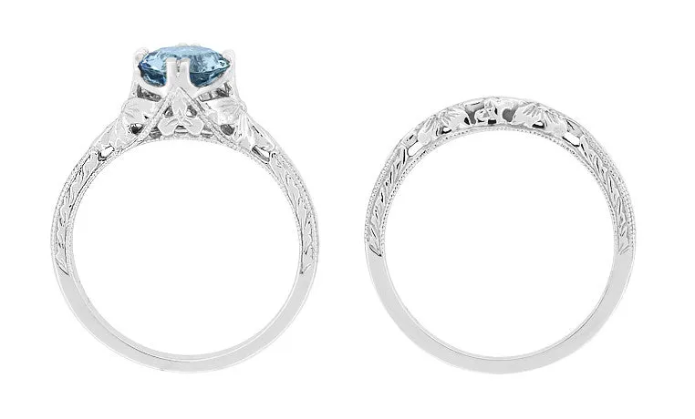 Art Deco Filigree Flowers and Wheat Vintage Engraved Aquamarine Engagement Ring in Platinum