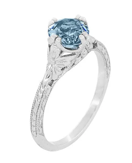 Art Deco Filigree Flowers and Wheat Vintage Engraved Aquamarine Engagement Ring in Platinum