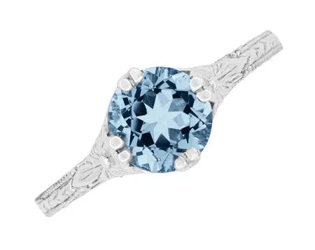 Art Deco Filigree Flowers and Wheat Vintage Engraved Aquamarine Engagement Ring in Platinum