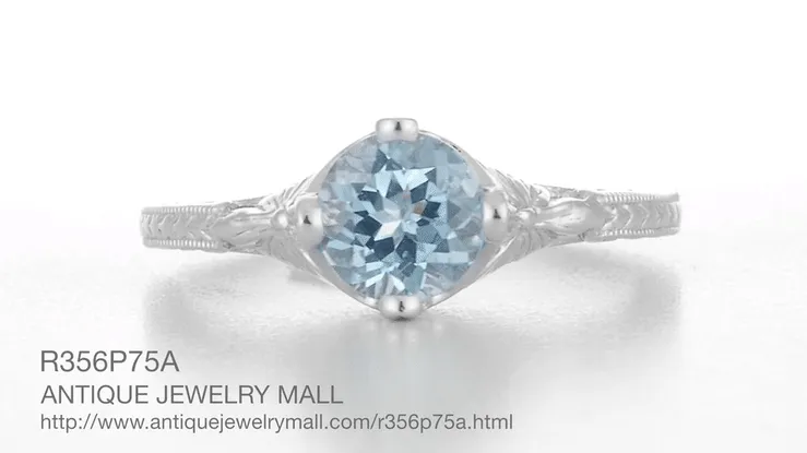 Art Deco Filigree Flowers and Wheat Vintage Engraved Aquamarine Engagement Ring in Platinum