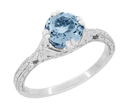 Art Deco Filigree Flowers and Wheat Vintage Engraved Aquamarine Engagement Ring in Platinum