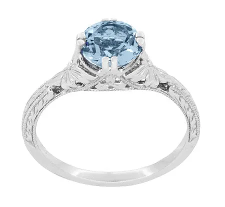 Art Deco Filigree Flowers and Wheat Vintage Engraved Aquamarine Engagement Ring in Platinum