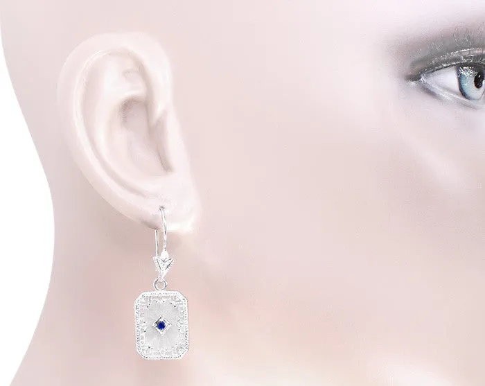 Art Deco Filigree Sapphire and Diamond Set Crystal Earrings in 14 Karat White Gold