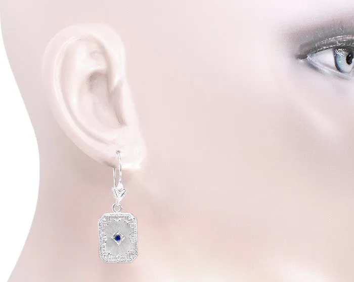 Art Deco Filigree Sapphire, Diamond and Sun Ray Crystal Dangling Earrings in Sterling Silver