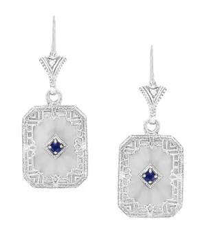 Art Deco Filigree Sapphire, Diamond and Sun Ray Crystal Dangling Earrings in Sterling Silver